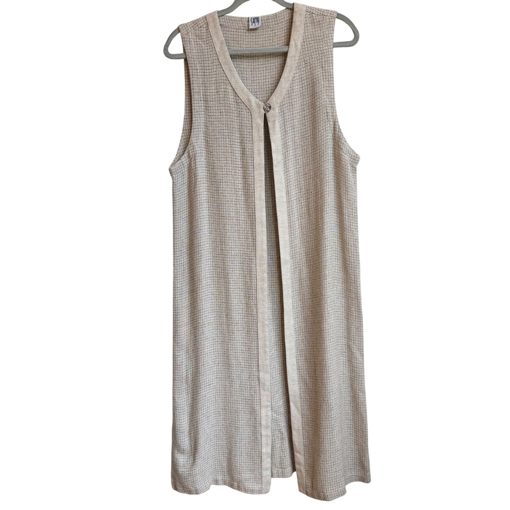 90s Linen Blend Long Line Cardigan Sleeveless Size M Beige Minimalist Duster VTG